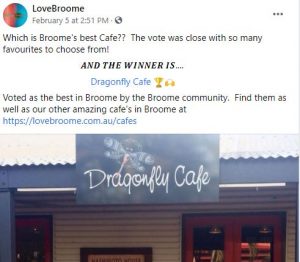 Social media post from Love Broome detailing the winner of Broome's best coffee which says the Winner is Dragonfly Cafe.